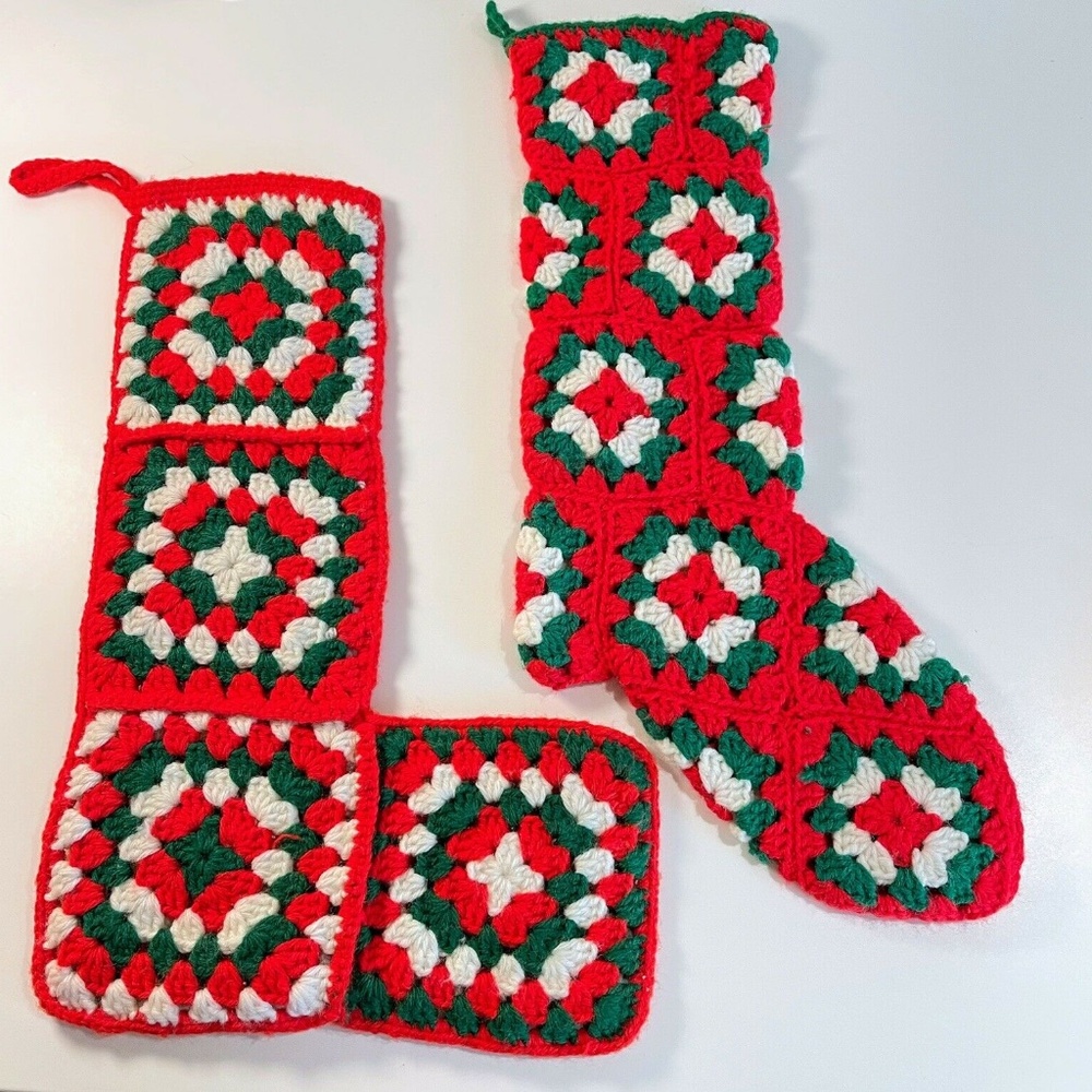 Vtg Granny Square Christmas Stocking Set Red Hand Crocheted 70s Holiday Decor